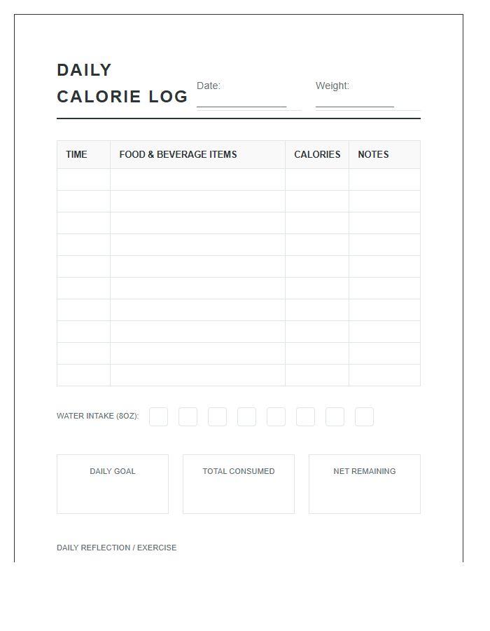 Daily Calorie Intake Tracking Printable Chart