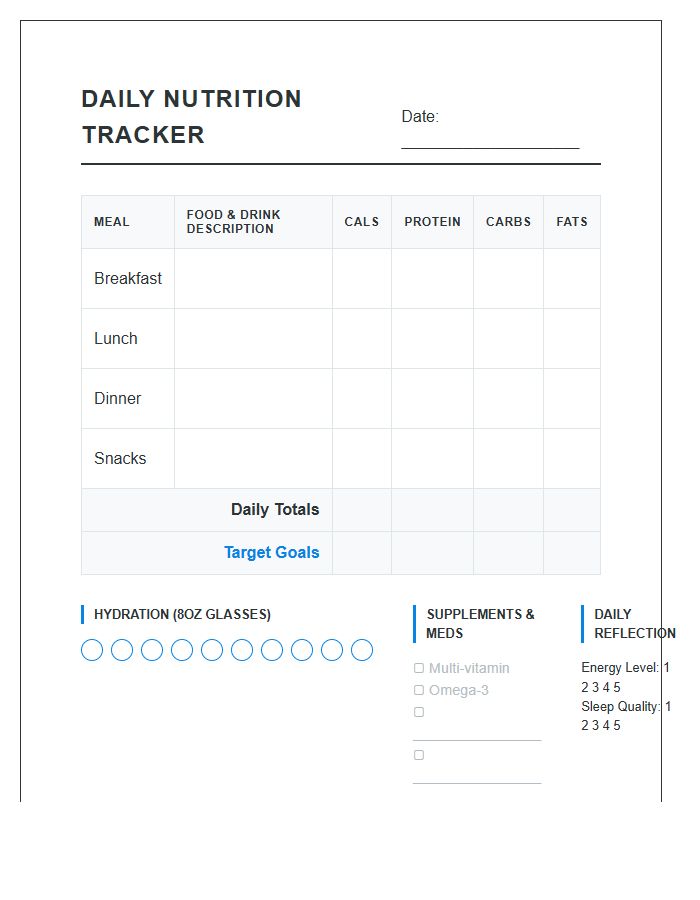 Detailed Daily Nutrition Tracking Printable Chart