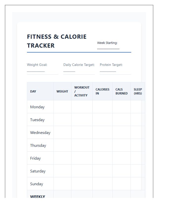 Fitness Progress And Calorie Intake Printable Chart