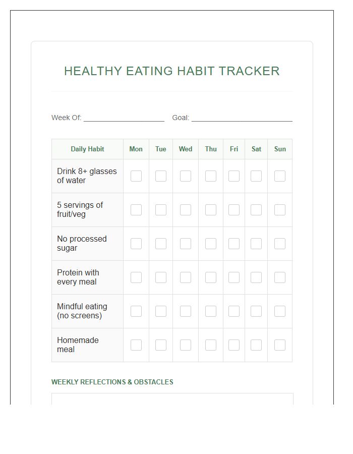 Healthy Eating Habit Printable Chart