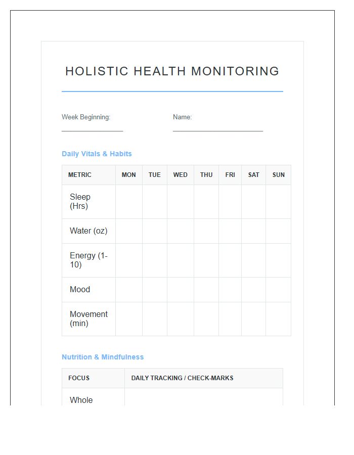 Holistic Health Monitoring Printable Chart