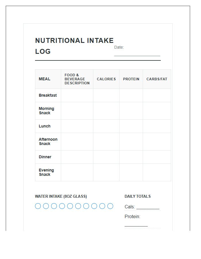 Nutritional Intake Monitoring Printable Chart