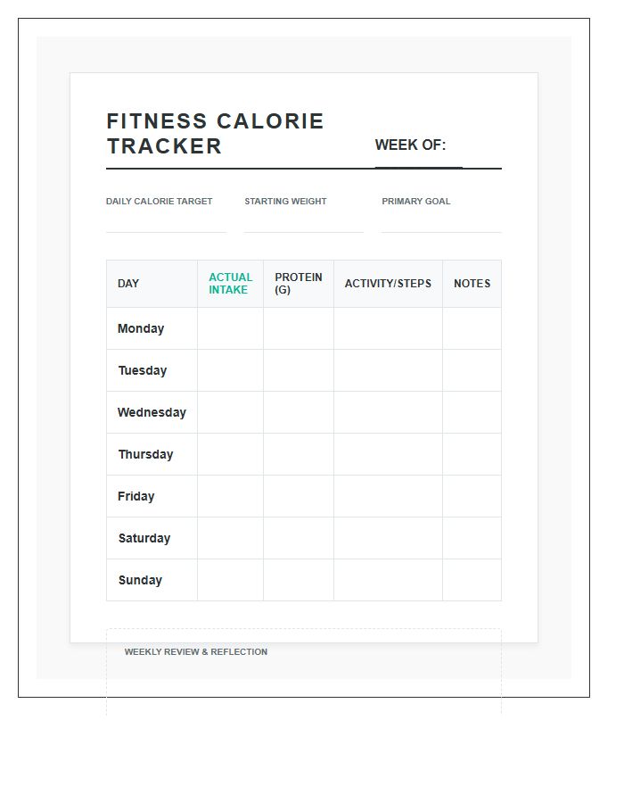 Personal Fitness Goal Calorie Printable Chart