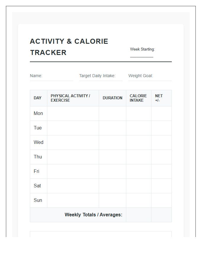 Physical Activity And Calorie Intake Printable Chart