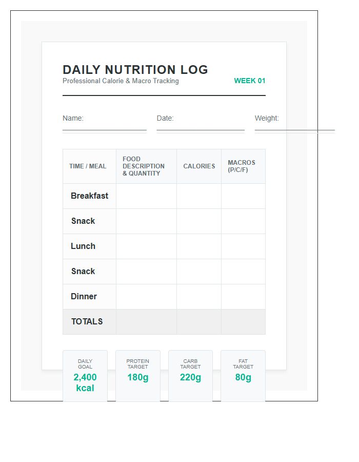 Professional Nutritionist Calorie Tracking Printable Chart