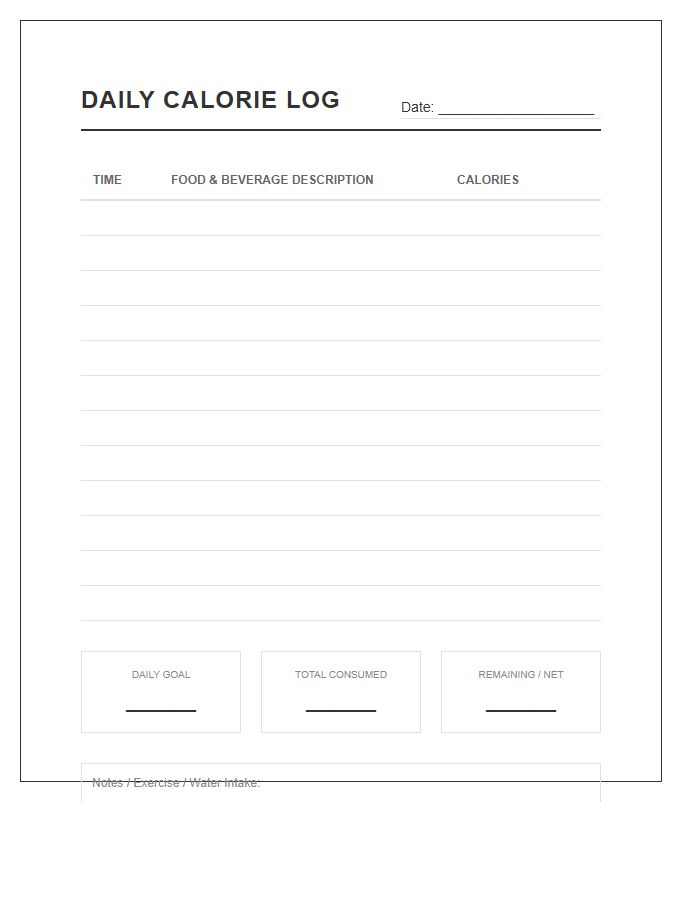 Simple Daily Calorie Log Printable Chart