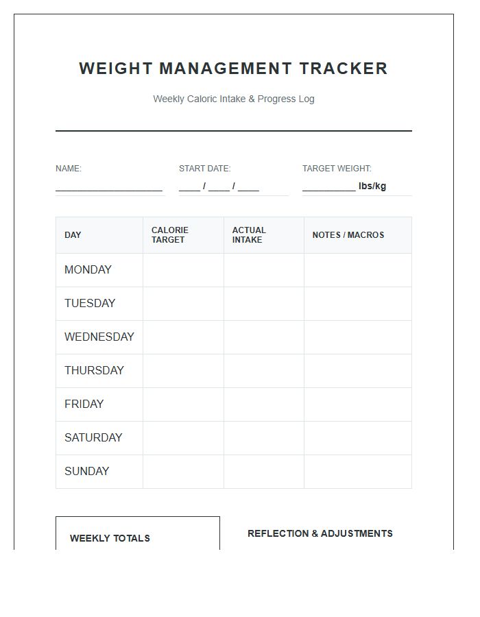 Weight Management Calorie Intake Printable Chart