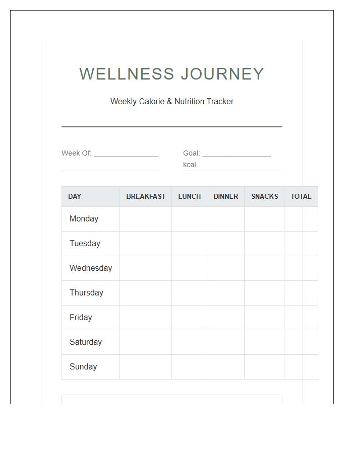 Wellness Journey Calorie Intake Printable Chart