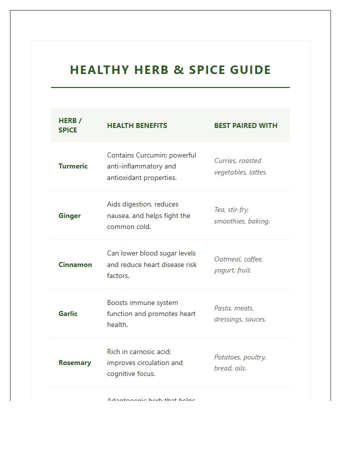 Healthy Herb And Spice Printable Chart