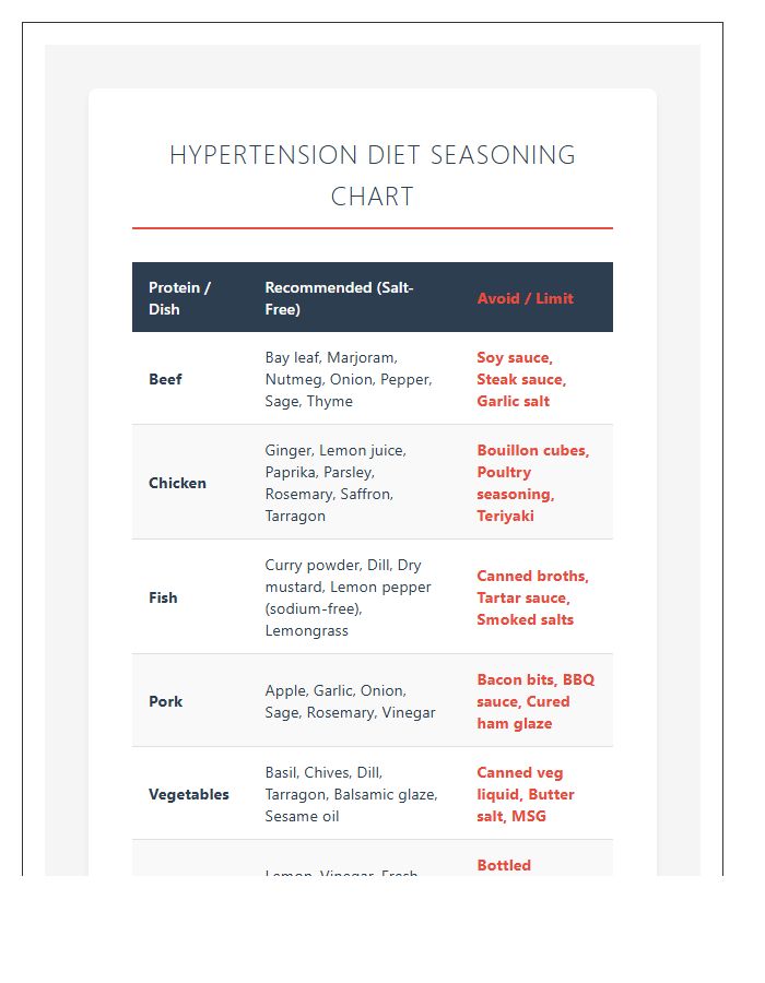 Hypertension Diet Seasoning Printable Chart