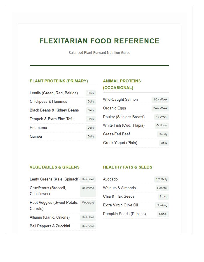 Comprehensive Flexitarian Food List Printable Chart