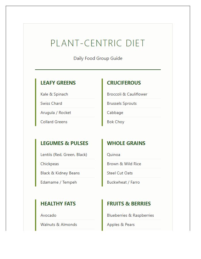 Plant Centric Diet Food Group Printable Chart