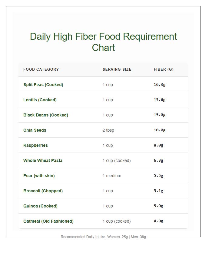 Daily High Fiber Food Requirement Chart