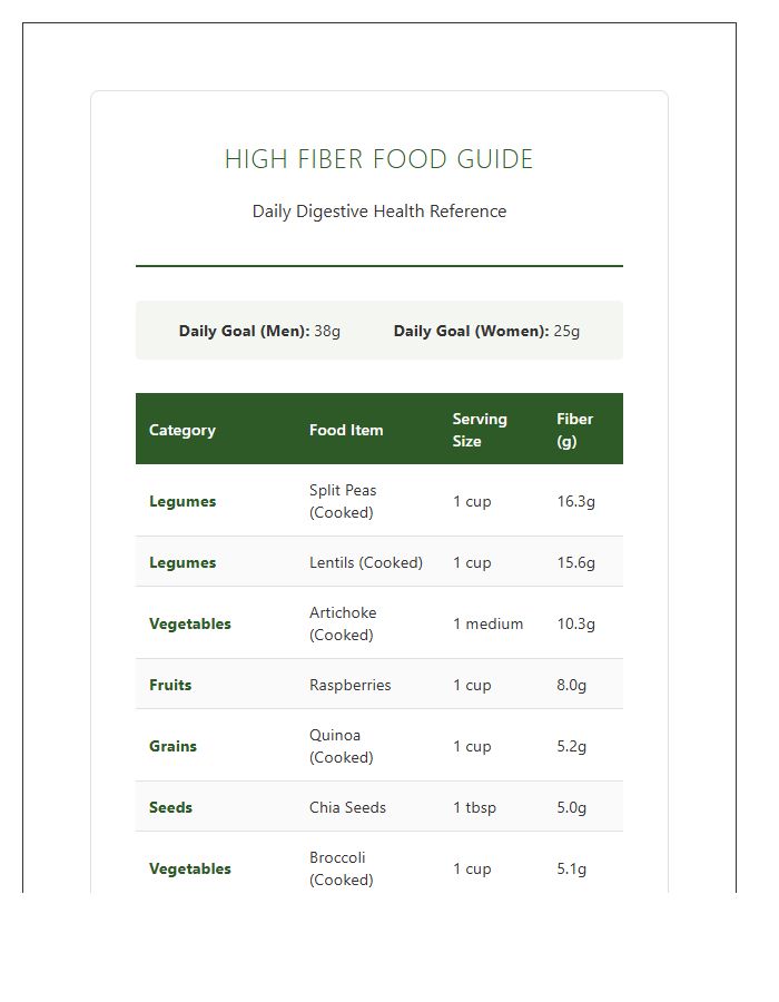High Fiber Digestive Health Printable Chart