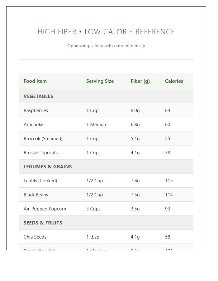 High Fiber Low Calorie Printable Chart