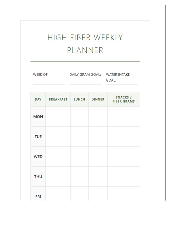 High Fiber Meal Planning Printable Chart