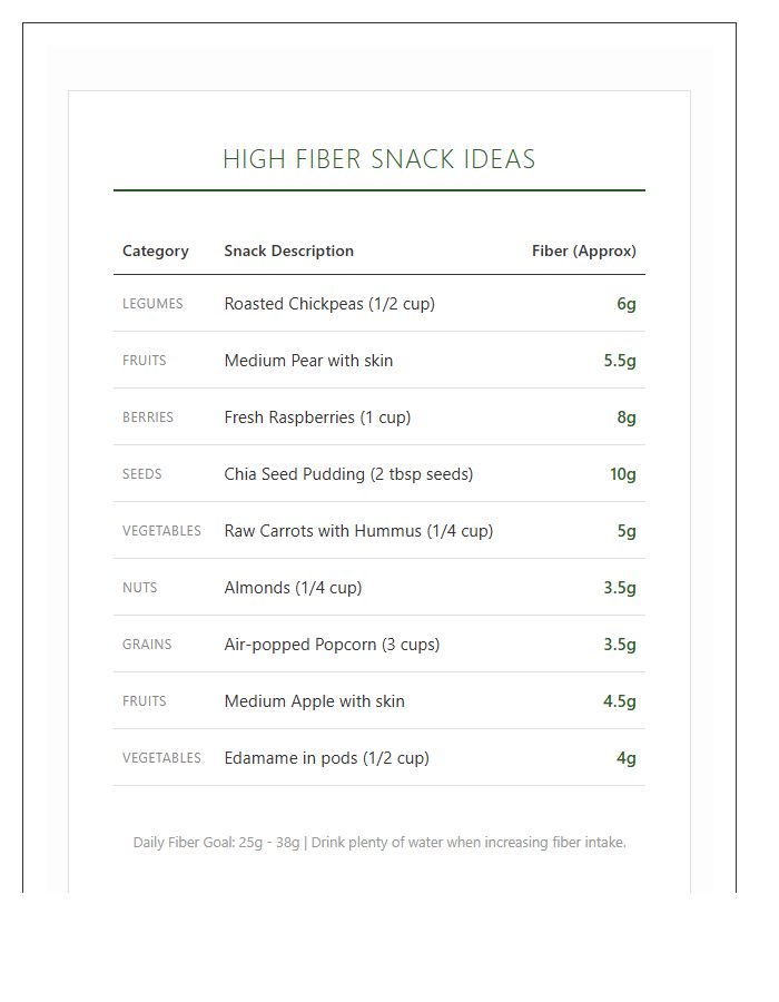 High Fiber Snack Ideas Printable Chart