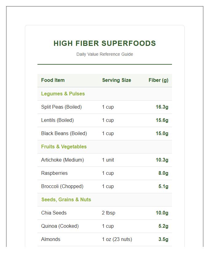 High Fiber Superfood Nutrition Printable Chart