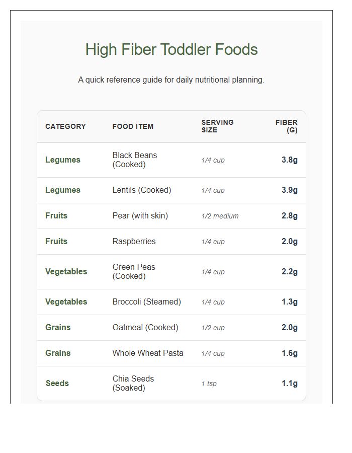 High Fiber Toddler Food Reference Chart