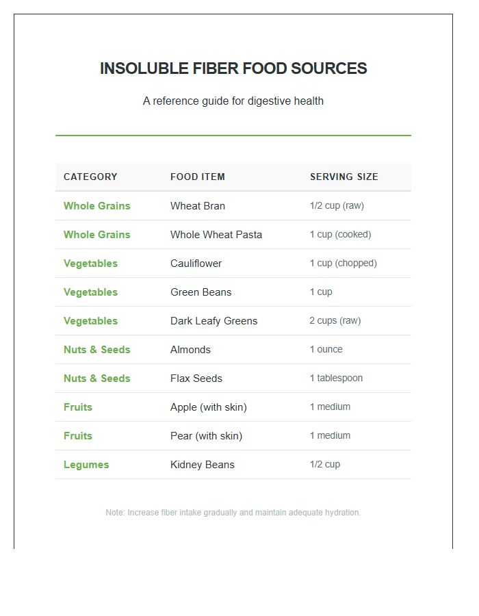 Insoluble Fiber Food Source Printable Chart