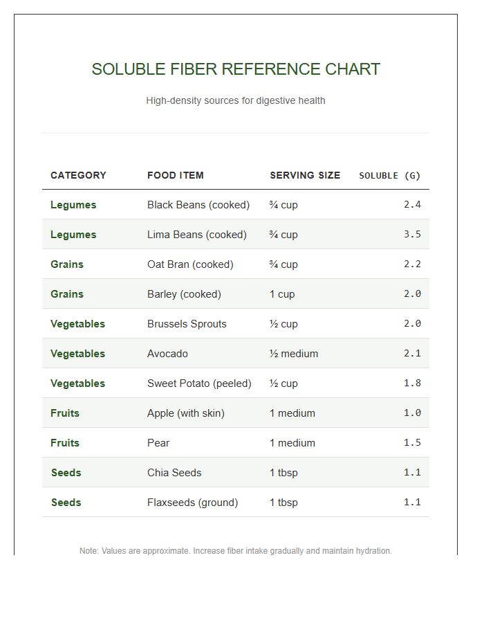 Soluble Fiber Food Source Printable Chart