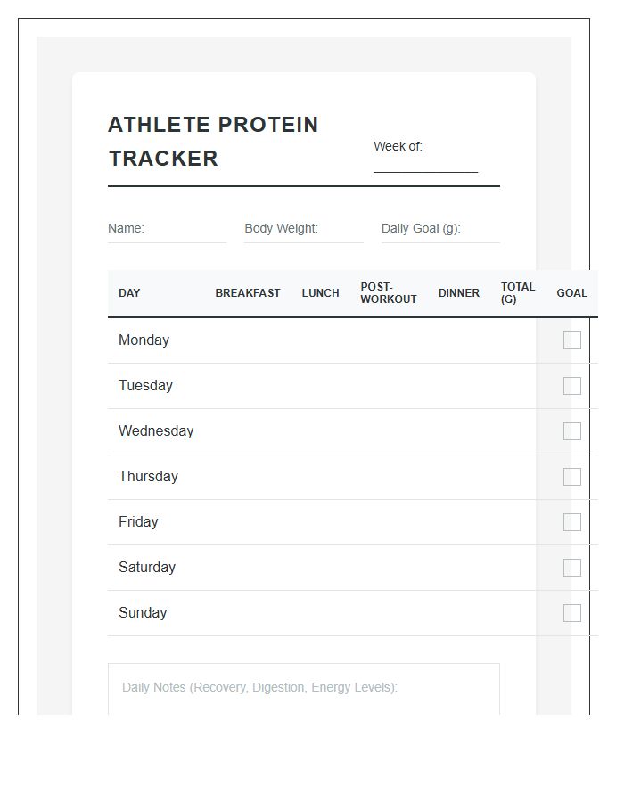 Athlete Daily Protein Consumption Printable Chart