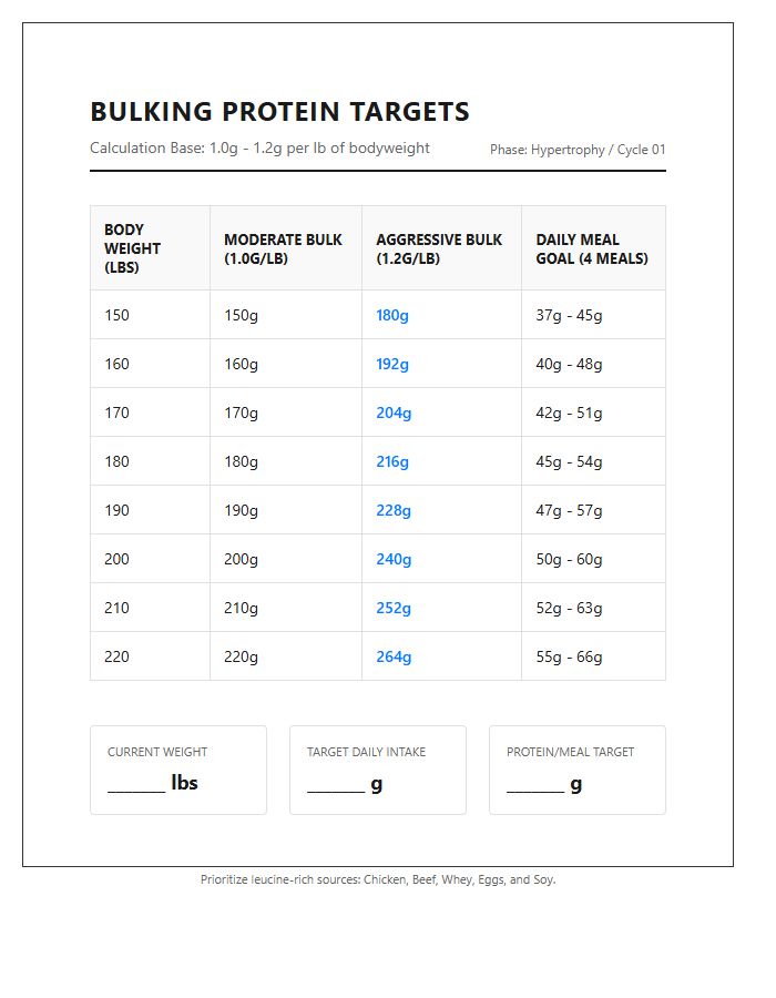 Bulking Phase Protein Targets Printable Chart