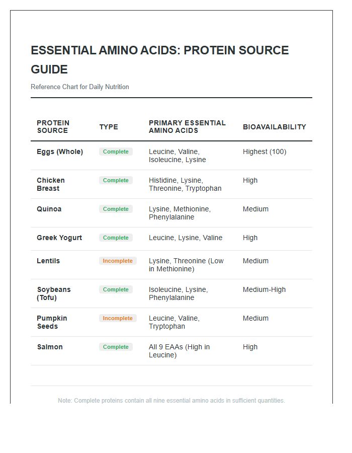 Essential Amino Acids Protein Source Printable Chart