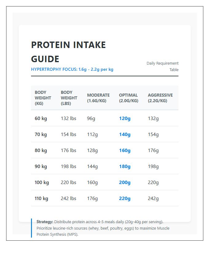 Hypertrophy Focused Protein Intake Printable Chart