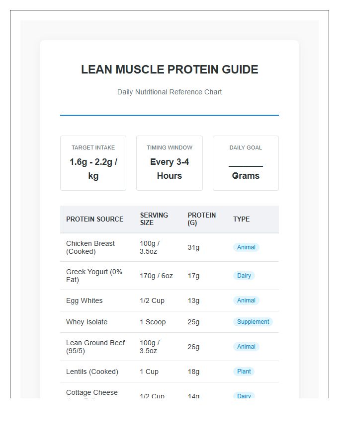 Lean Muscle Mass Protein Guide Printable Chart