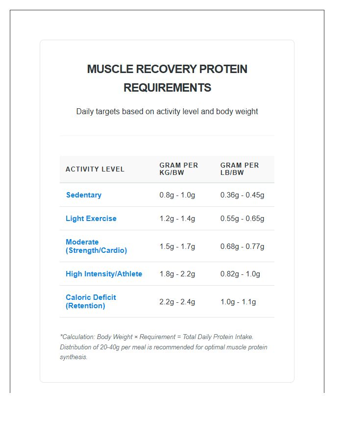 Muscle Recovery Protein Requirements Printable Chart