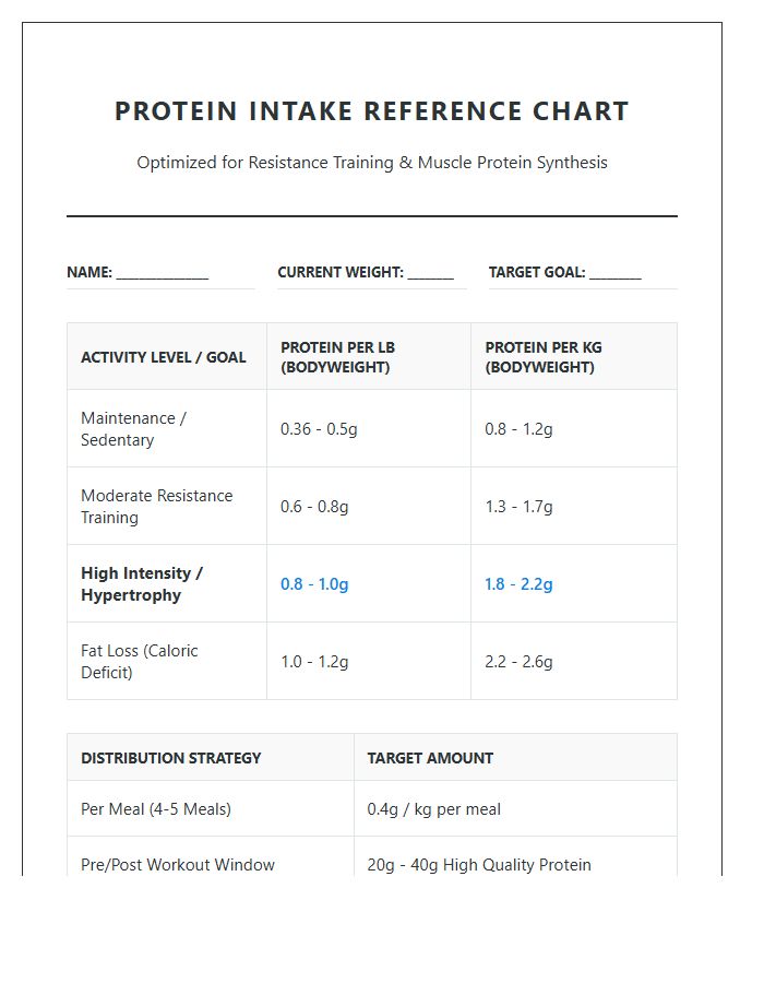 Resistance Training Protein Level Printable Chart