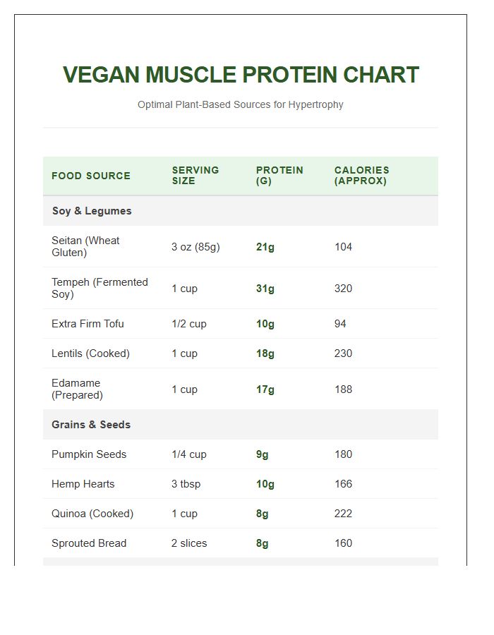 Vegan Muscle Building Protein Printable Chart