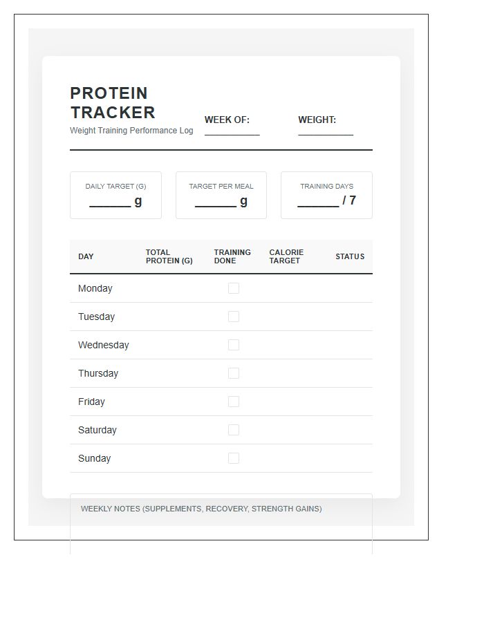 Weight Training Protein Goal Tracker Printable Chart