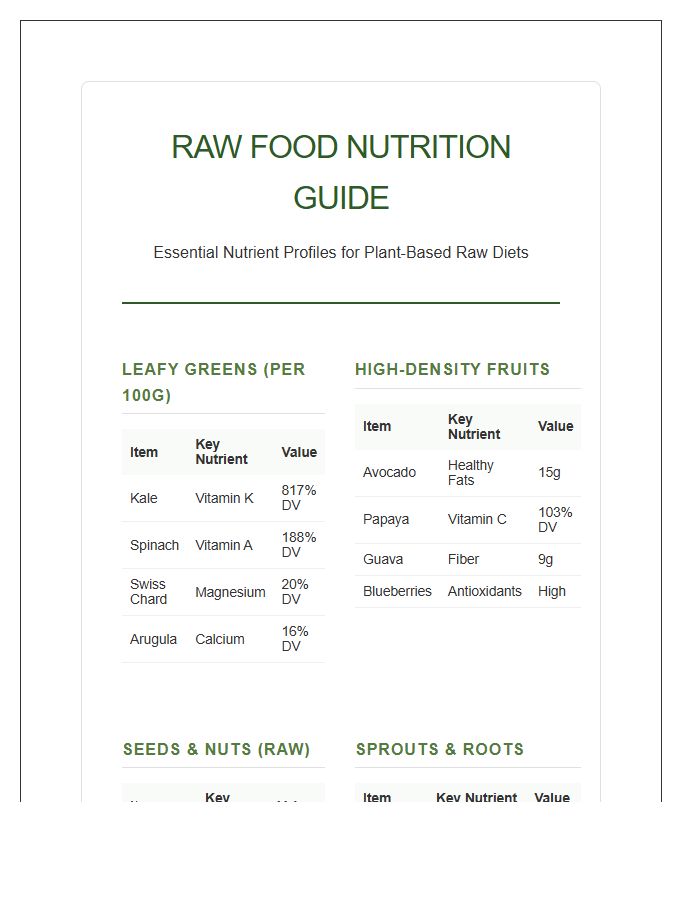 Comprehensive Raw Food Diet Nutrition Facts Printable Chart