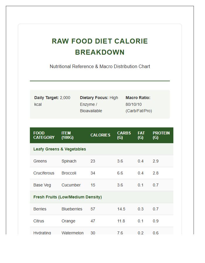 Detailed Raw Food Diet Calorie Breakdown Printable Chart