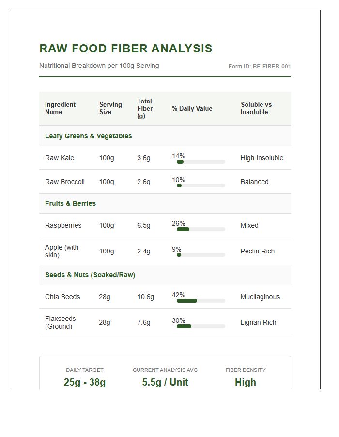 Printable Raw Food Diet Fiber Content Analysis Chart