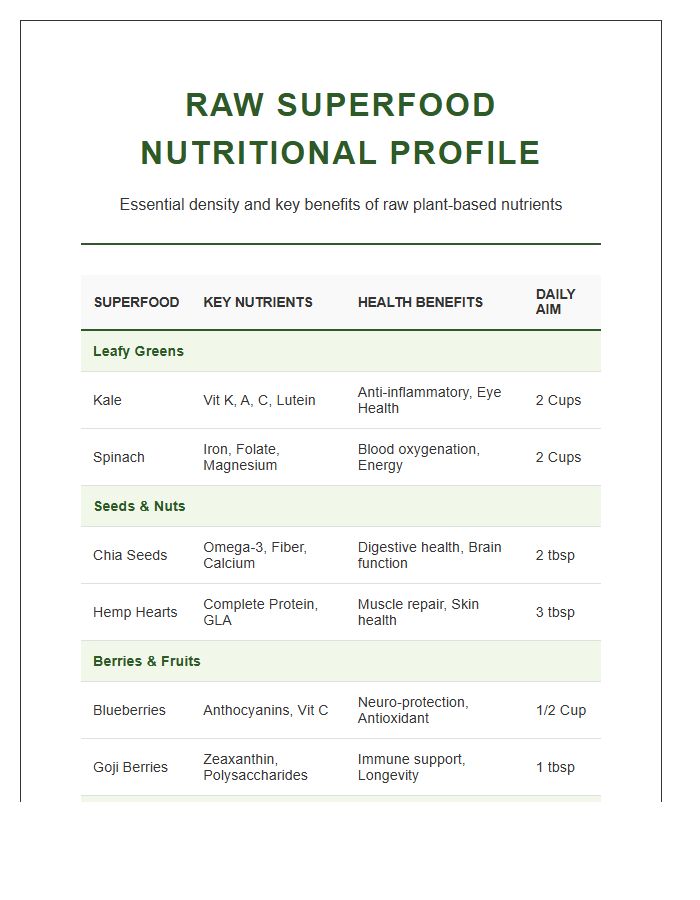 Printable Raw Food Diet Superfood Nutritional Profile Chart
