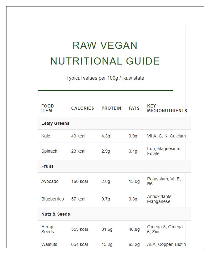 Printable Raw Vegan Diet Nutritional Values Chart