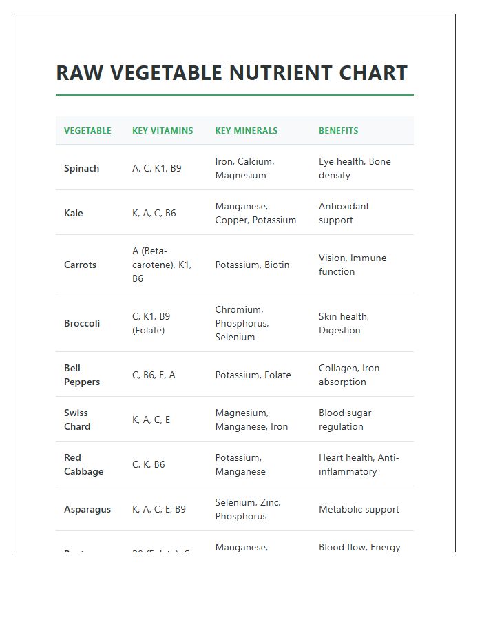 Printable Raw Vegetable Vitamin And Mineral Chart