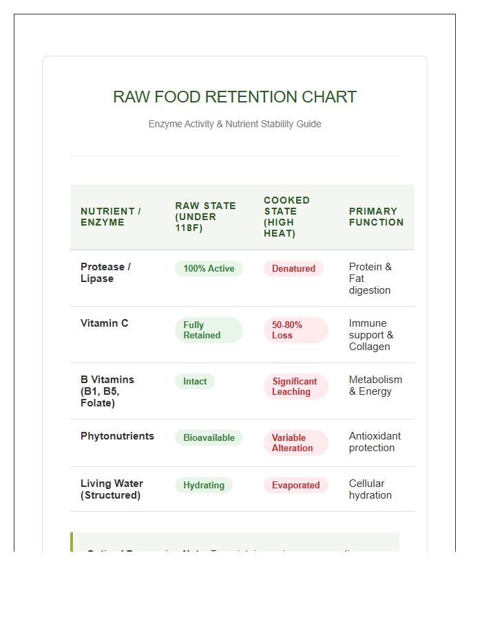Raw Food Diet Enzyme And Nutrient Retention Printable Chart