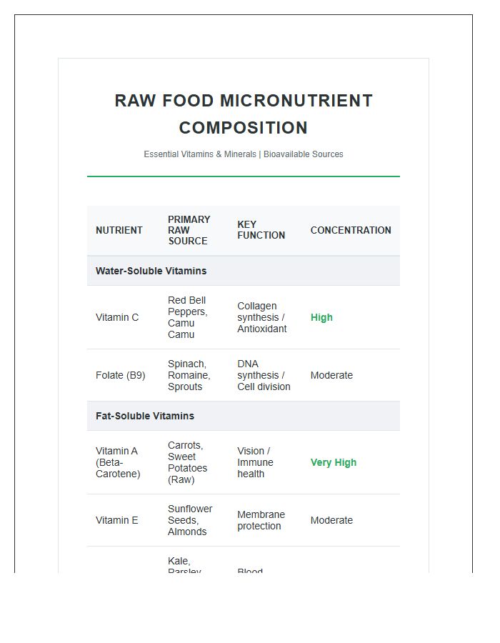 Raw Food Diet Micronutrient Composition Printable Chart