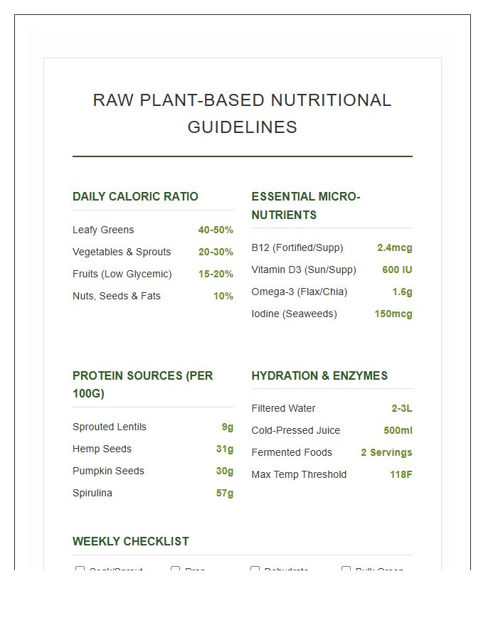 Raw Food Diet Plant Based Nutritional Guidelines Printable Chart