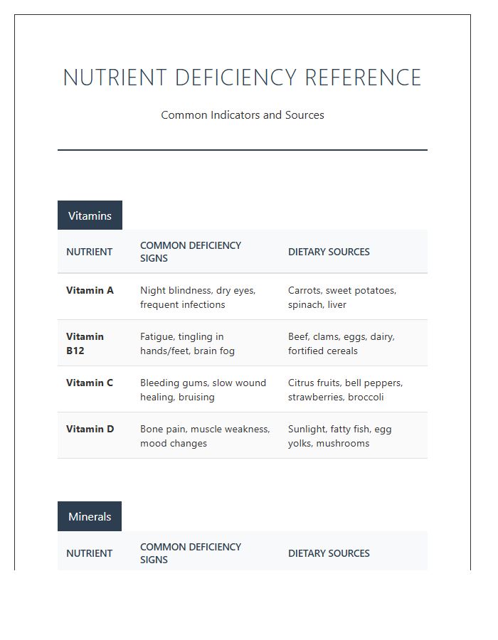 Common Mineral And Vitamin Deficiency Printable Chart