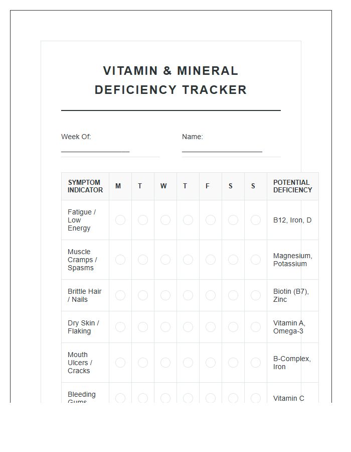 Daily Vitamin Deficiency Monitoring Printable Chart