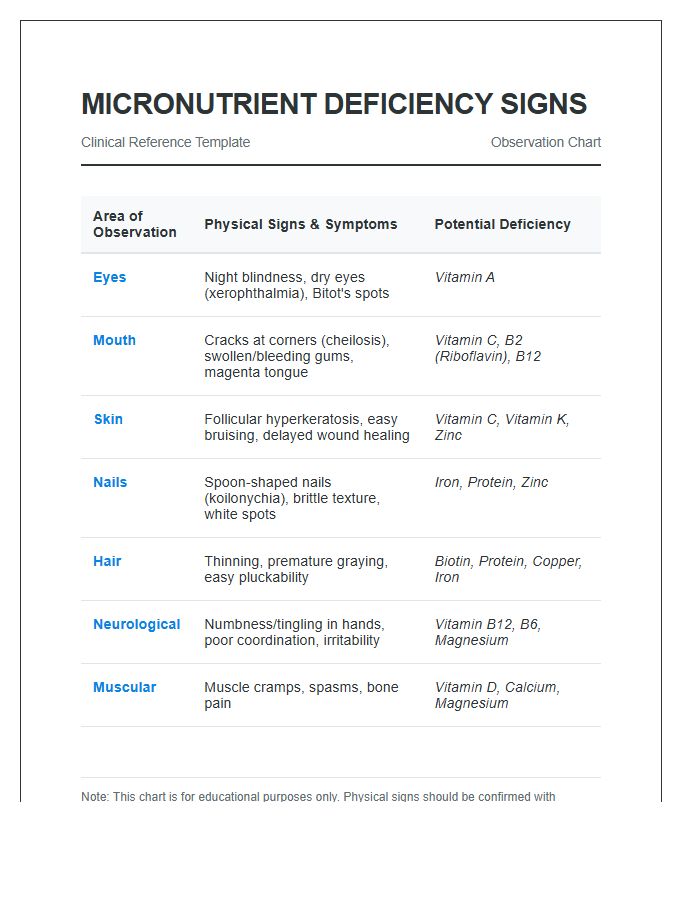 Micronutrient Deficiency Physical Signs Printable Chart