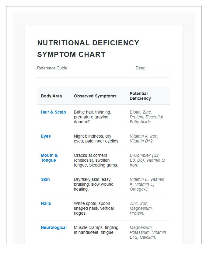 Nutritional Deficiency Symptom Identification Printable Chart