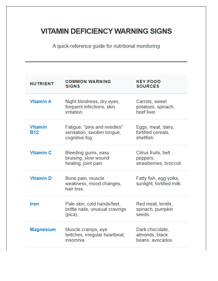 Vitamin Deficiency Warning Signs Comparison Printable Chart