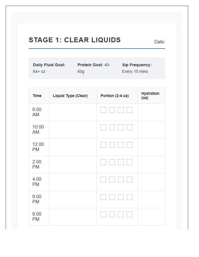 Bariatric Diet Stage One Portion Control Printable Tracking Chart