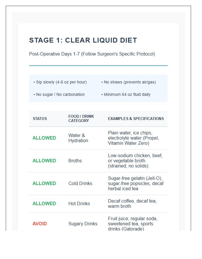 Bariatric Stage One Clear Liquid Foods Printable Reference Chart